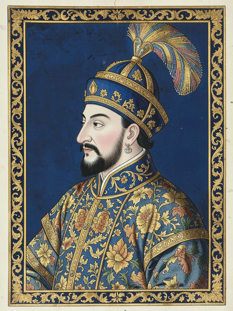 Close-up portrait of a courtier in profile wearing an ornate plumed turban