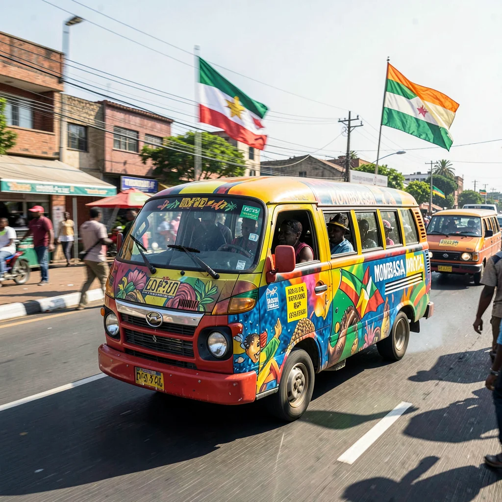 Kinetic Nairobi street energy, panned motion blur with sharp details, Matatu ove