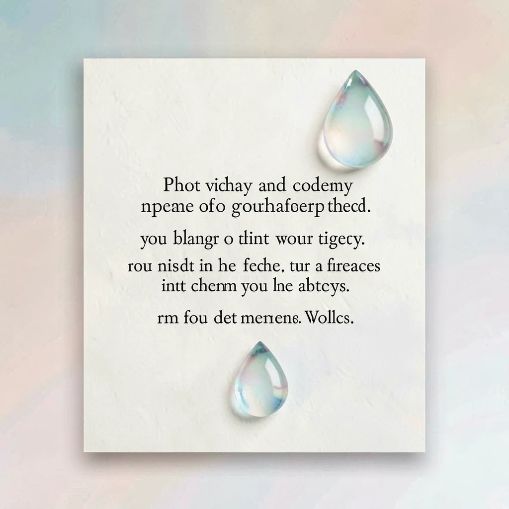 Editorial quote-card layout on cream paper with an oversized droplet ornament