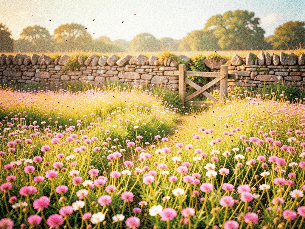 Wild clover field in full pink and white bloom stretching to a dry stone wall, a
