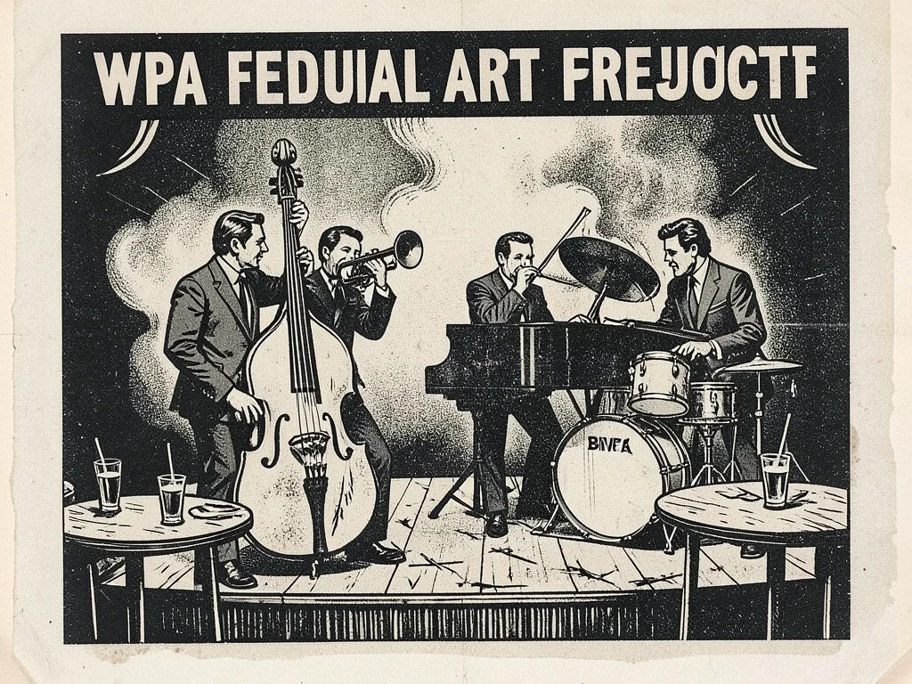 A jazz quartet on a small stage — upright bass, trumpet, piano, drums — in a smo