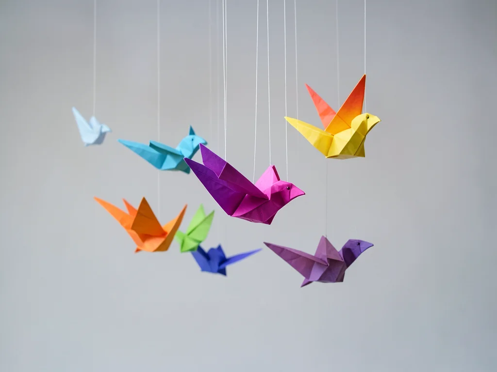 Origami bird flock in mid-flight, suspended by invisible threads, gradient paper