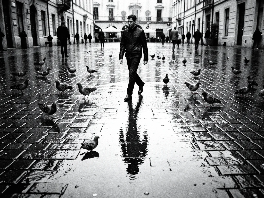 A lone figure walking across a rain-soaked cobblestone plaza, their reflection s