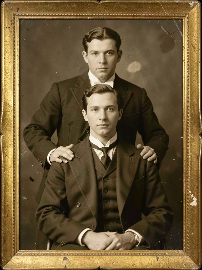 Formal double portrait — two men in dark suits, one standing behind the seated o