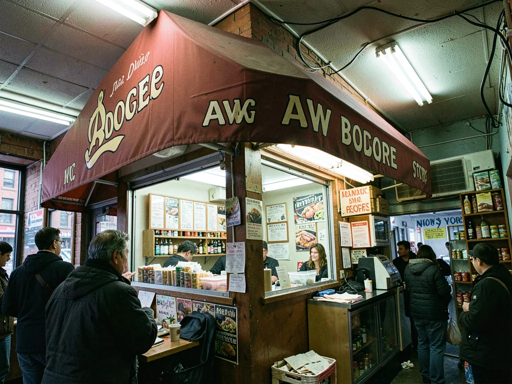 Awning with store name, character typography, the unique bodega identity
