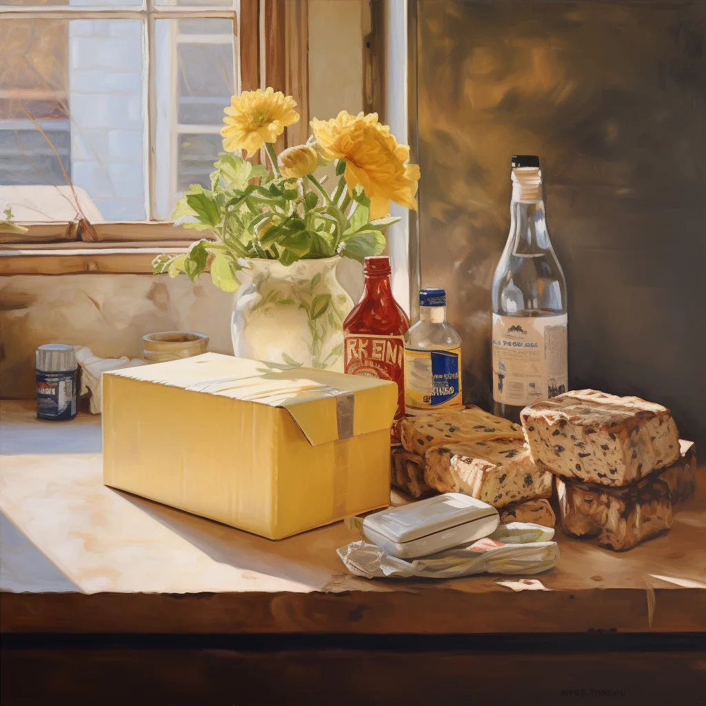 Oil painting of a kraft dinner box on the counter. na