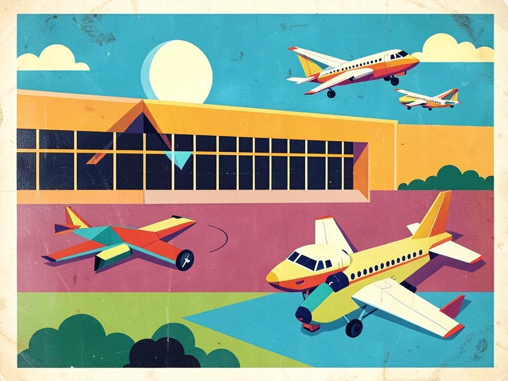 Retro airport with geometric planes