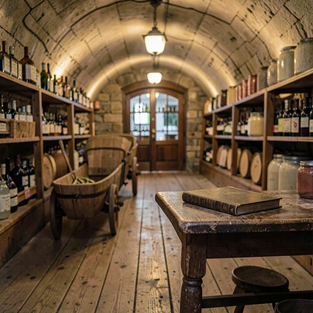 inside a French country fromagerie cellar at lamplight evening, soft wheels rowe