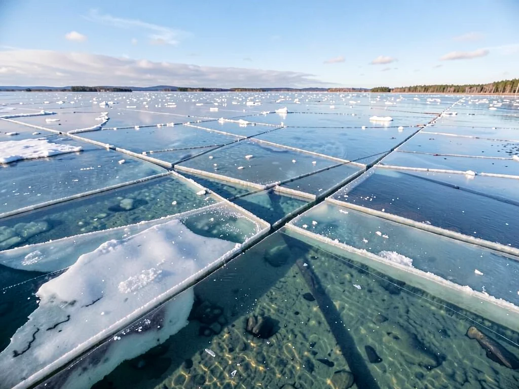 Final ice islands floating in clear water
