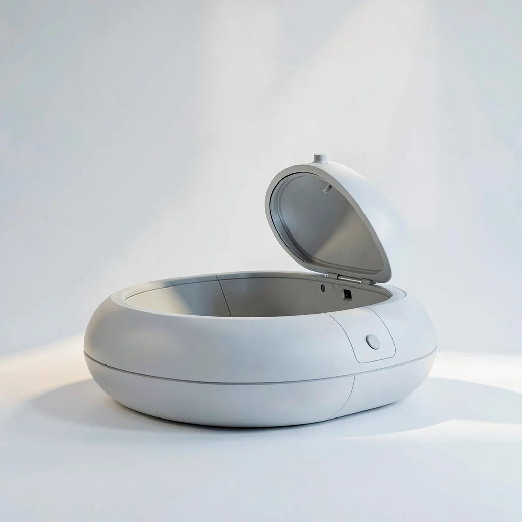 clean studio interior of a modern float pod with the lid open, soft pale lightin