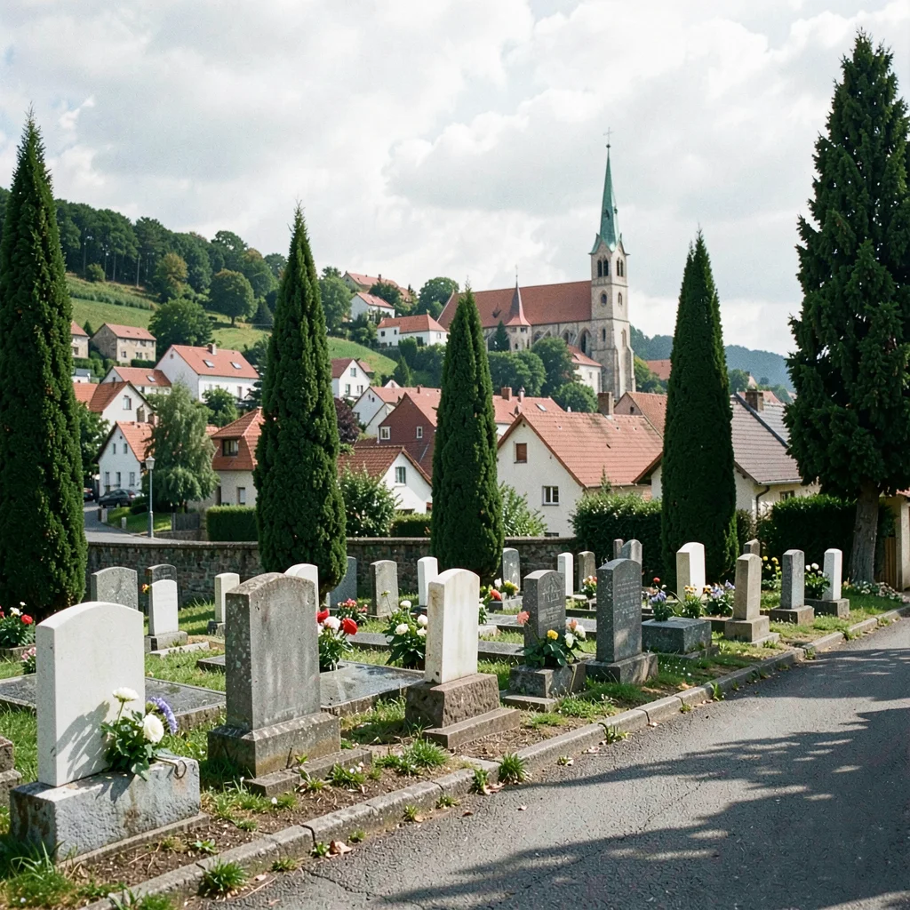 Quiet small town photography, contemplative scene, A cemetery on a hillside abov