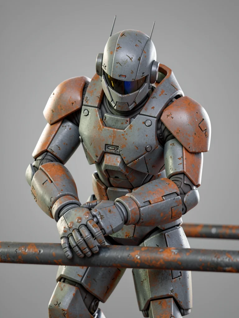 Leaning slightly on a railing implied by pose alone, the recon-pilot tilts a hel