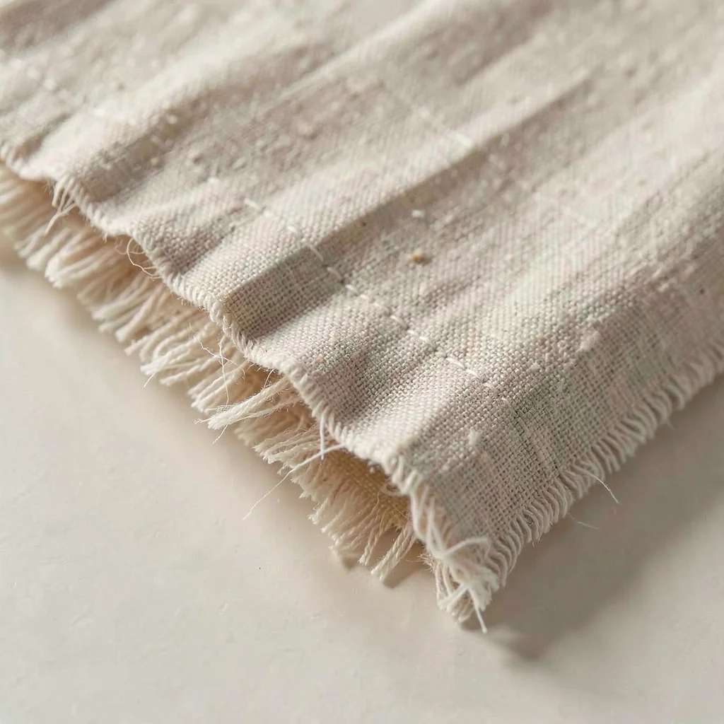 Tight mineral close-up of a linen sham edge with frayed natural hem, soft fiber 