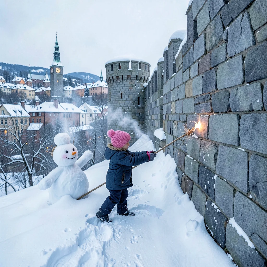 Quebec winter heritage, walled city under snow, Child building a snowman against