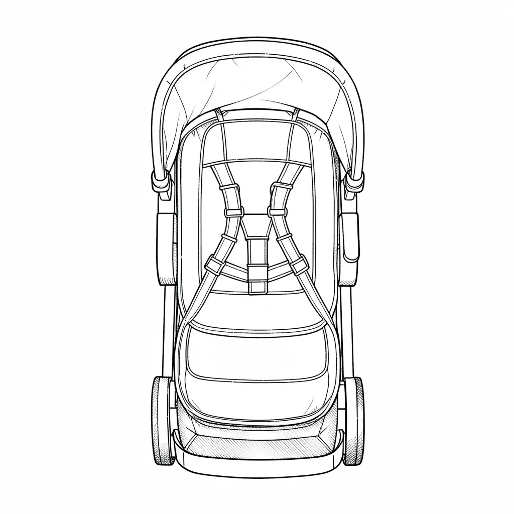 Top-down schematic of a stroller from above with seat outlines and harness lines