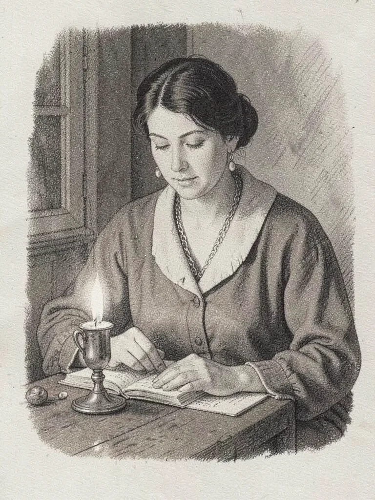 Woman reading by candlelight