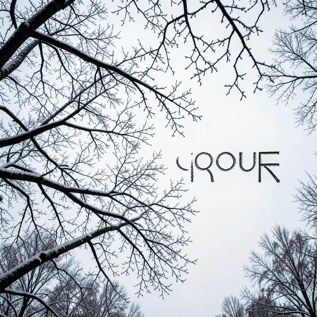 Tree branches in winter creating negative space text or symbol against overcast 