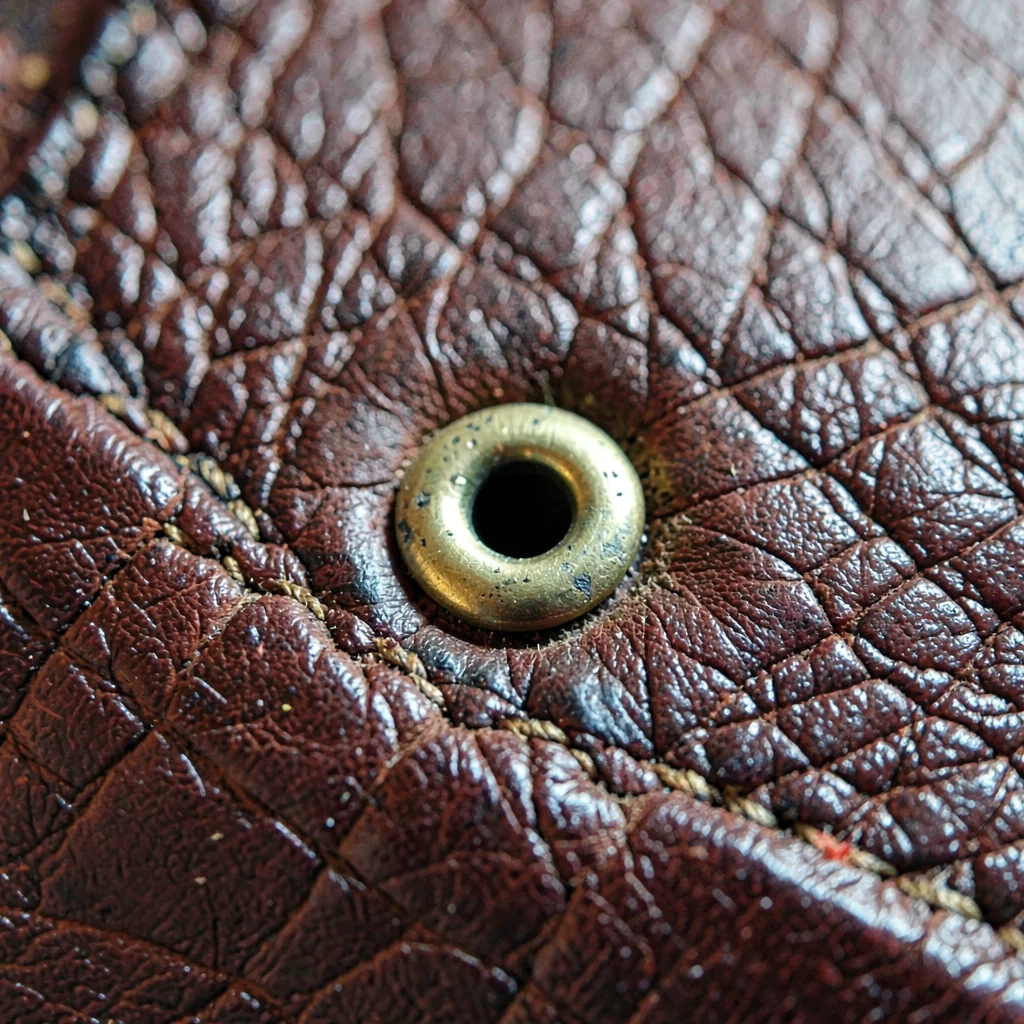 Macro of a brass eyelet set into thick leather, slight tarnish