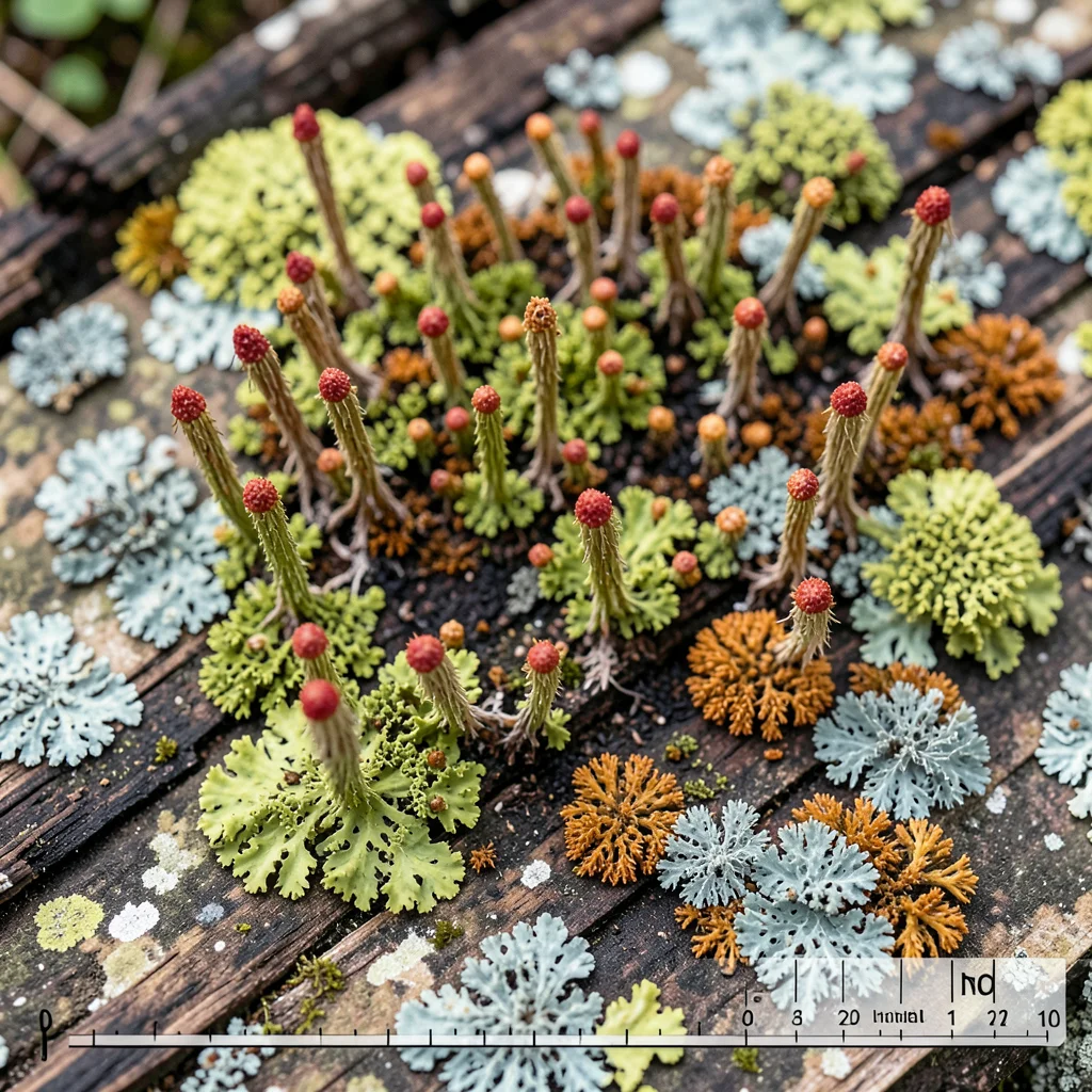 British soldier lichen (Cladonia cristatella), tiny red-capped fruticose columns