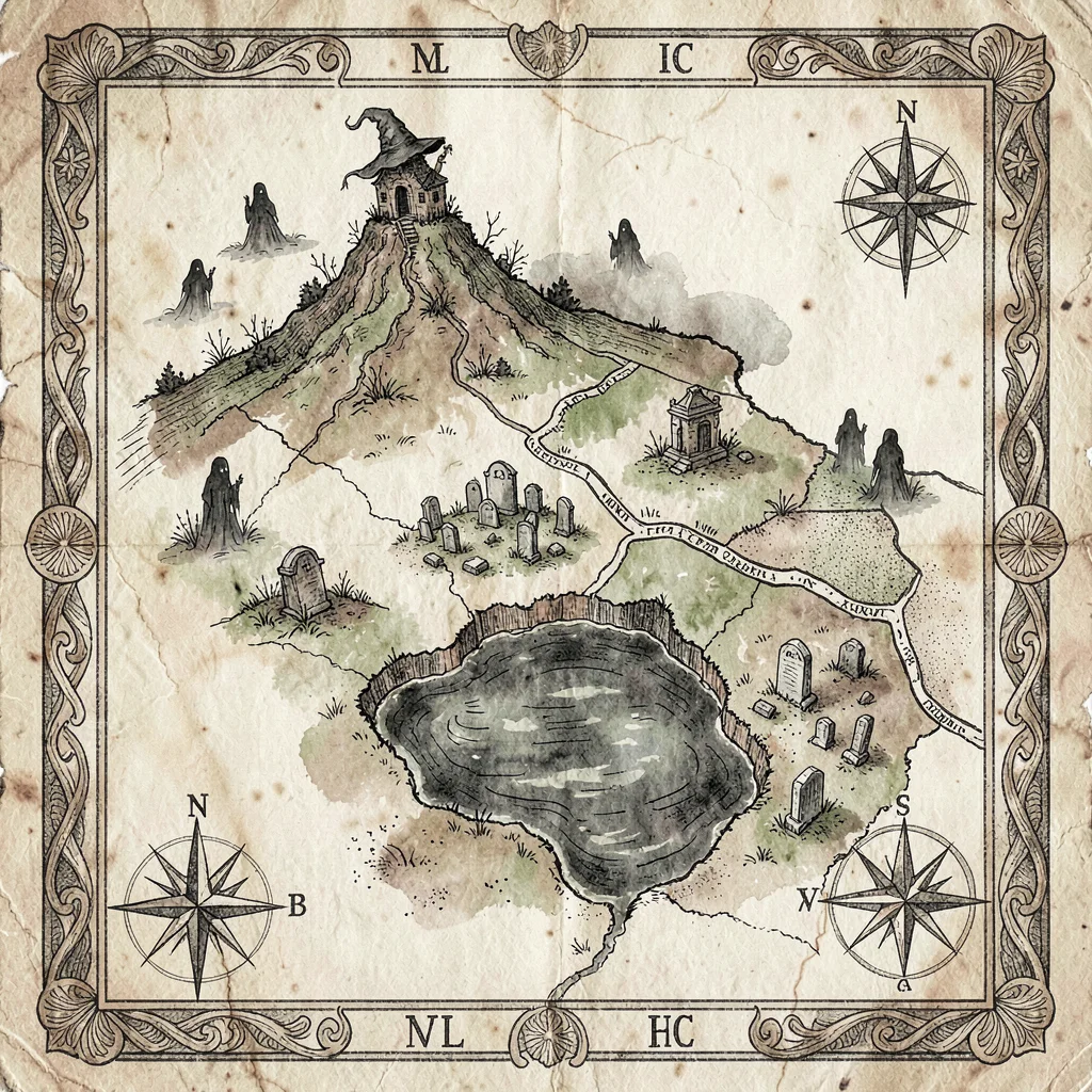 A regional folklore map of a haunted countryside with a witch's hill, a cursed l