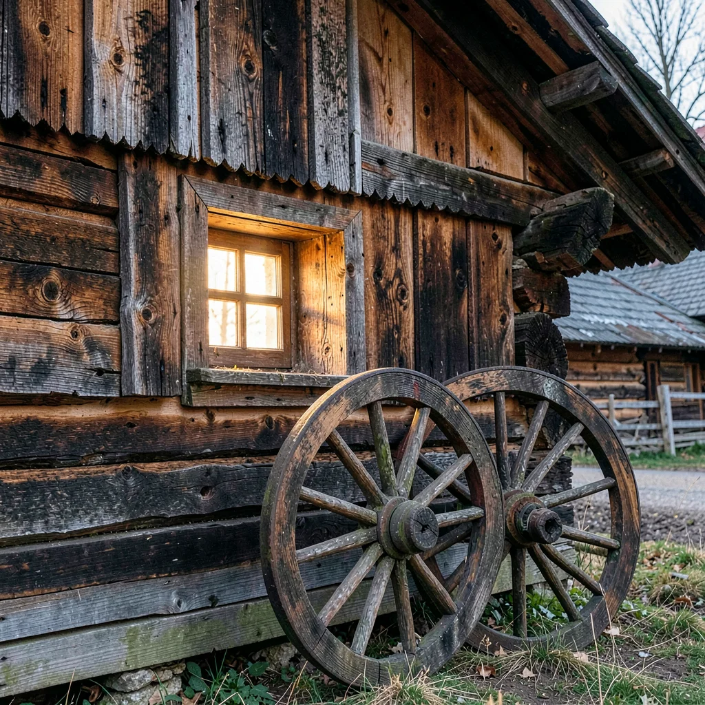 Maramures wooden craft, hand-carved church detail, Traditional wooden cart wheel