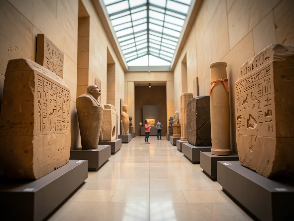 A corridor of Egyptian artifacts: sarcophagi, hieroglyphic panels, warm sandston