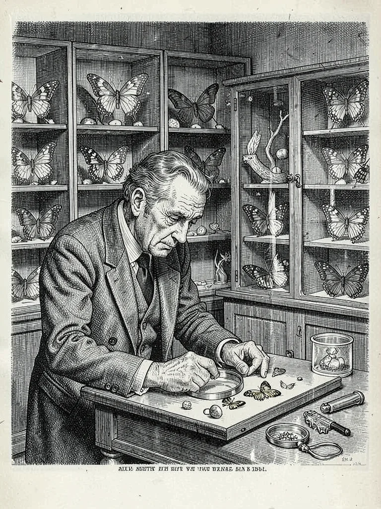 Victorian naturalist examining butterfly specimens