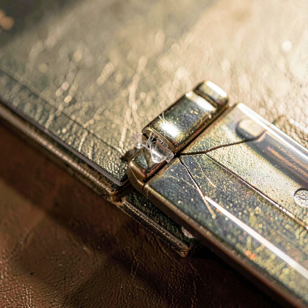 Macro study of a cracked jewel case hinge with crushed plastic catching opposing