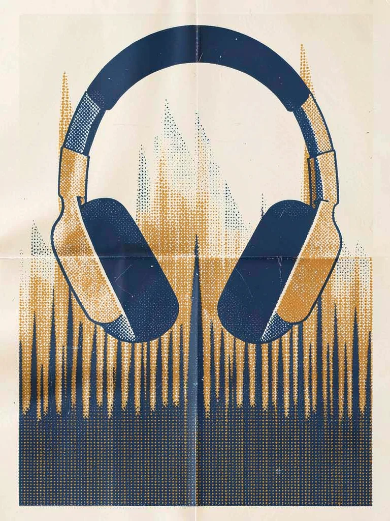 Riso poster motif of halftone headphones over a halftone soundwave in indigo and