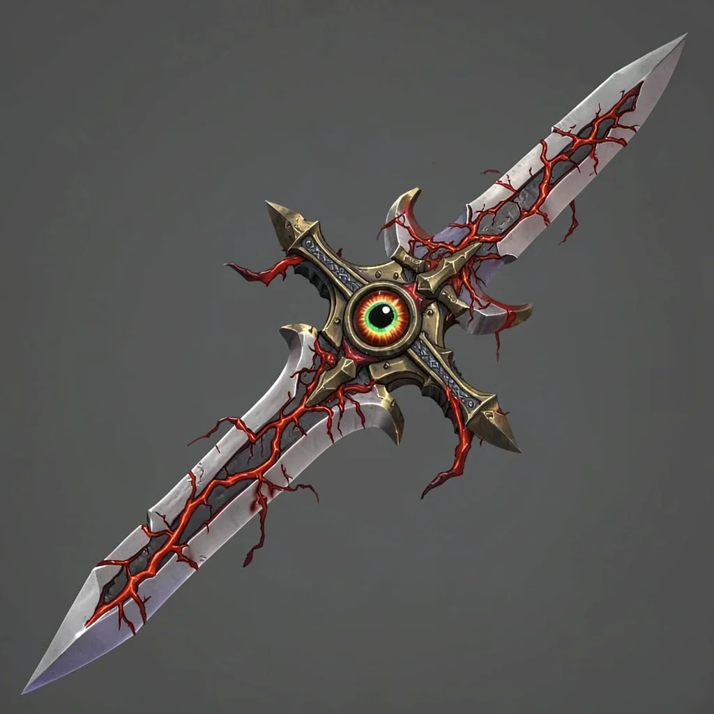 Fantasy weapon illustration, a demonic sword with eye in pommel, veins of corrup