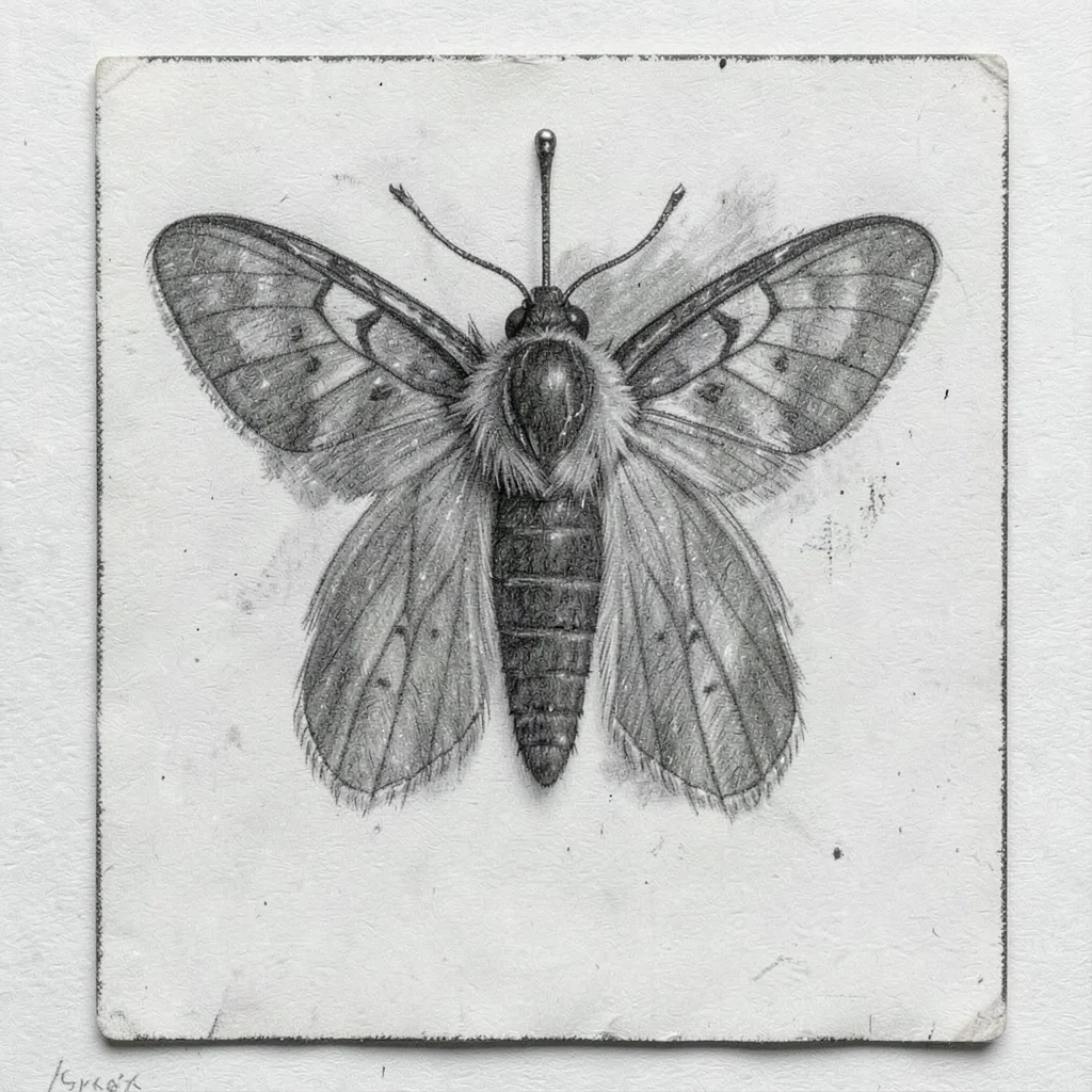 Indira-banerjee style charcoal of a moth specimen pinned on a board, paper-tooth
