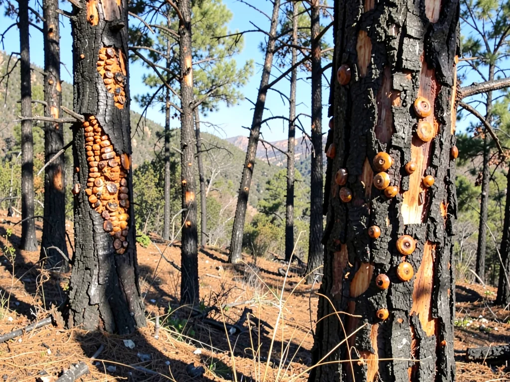 Bark beetle galleries visible on dead burned trunks