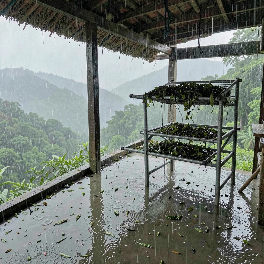 Monsoon season photograph, heavy rain atmosphere, Tea leaves drying on a covered