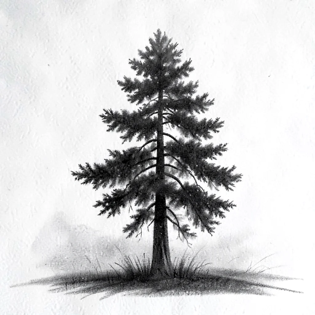 charcoal sketch of a single pine standing in fog, dark trunks fading into white