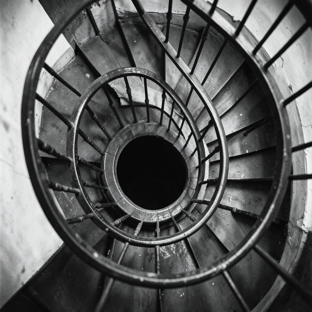 A spiral staircase viewed from above, the iron railing creating a perfect logari