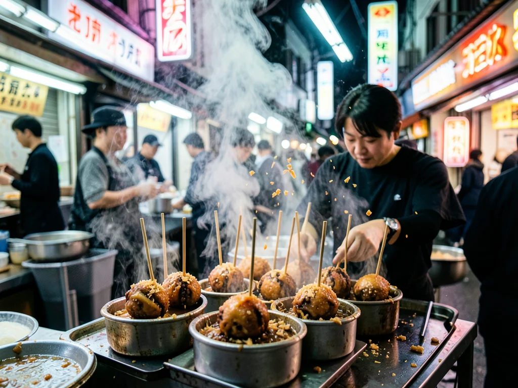 A takoyaki vendor in Osaka, the octopus balls spinning in their molds with picks