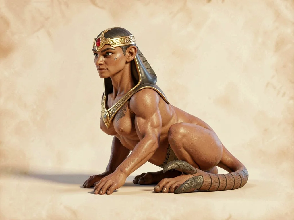 Quietly poised desert-sphinx with gilded brow ornament and tail tucked along her