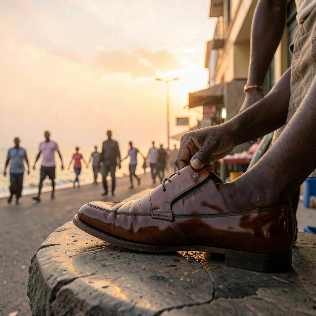 Peachy golden Dakar sunset light through sea haze, Shoe shiner on busy street co