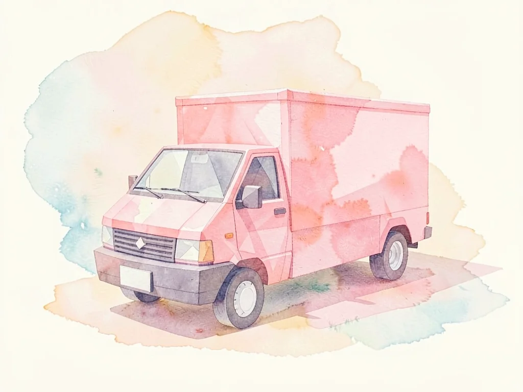 Faceted rose-quartz lowpoly delivery van with a boxy pink body and crisp faceted