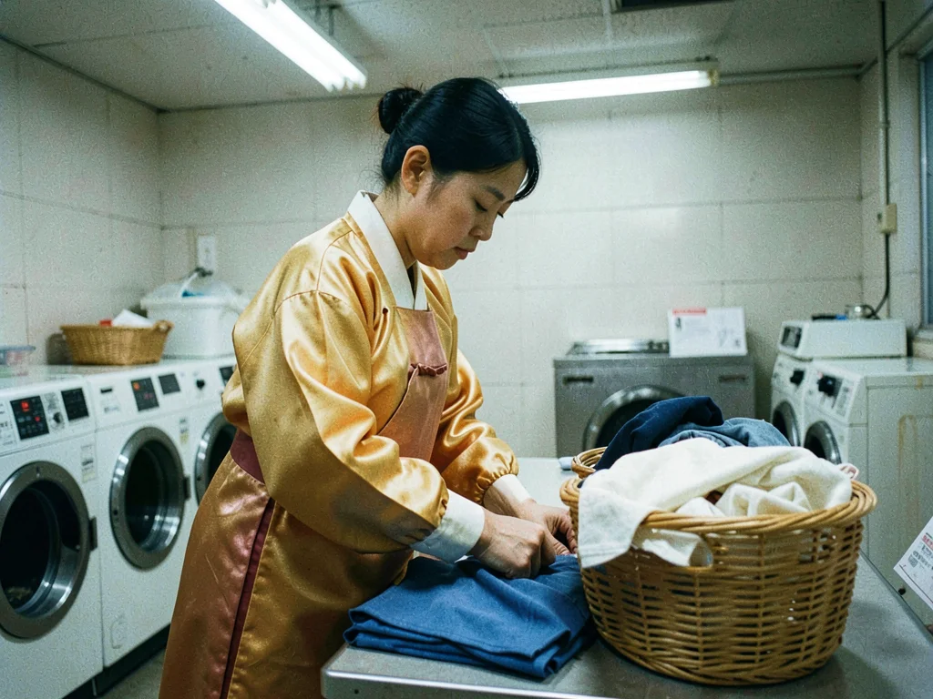 Hanbok wearer in golden silk at laundromat folding table, basket of clothes near