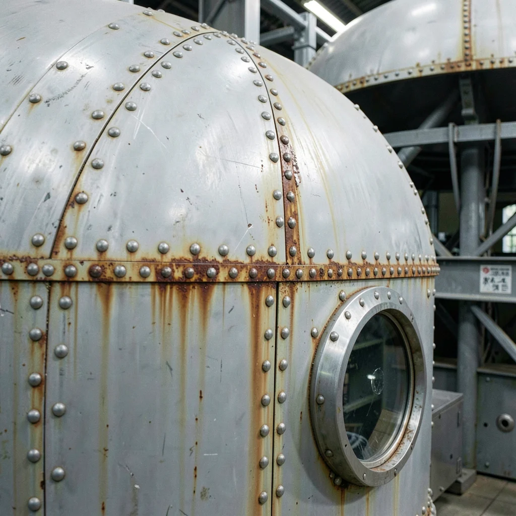 Close-up of capsule exterior surface — weathered steel panel, rivet rows, rust s