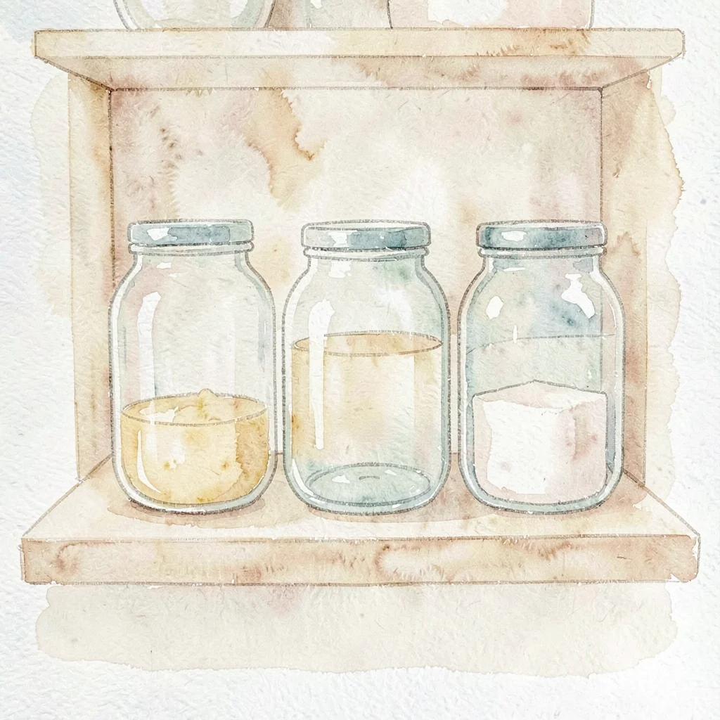 Watercolor of an empty pantry shelf with three glass jars, soft cream tones