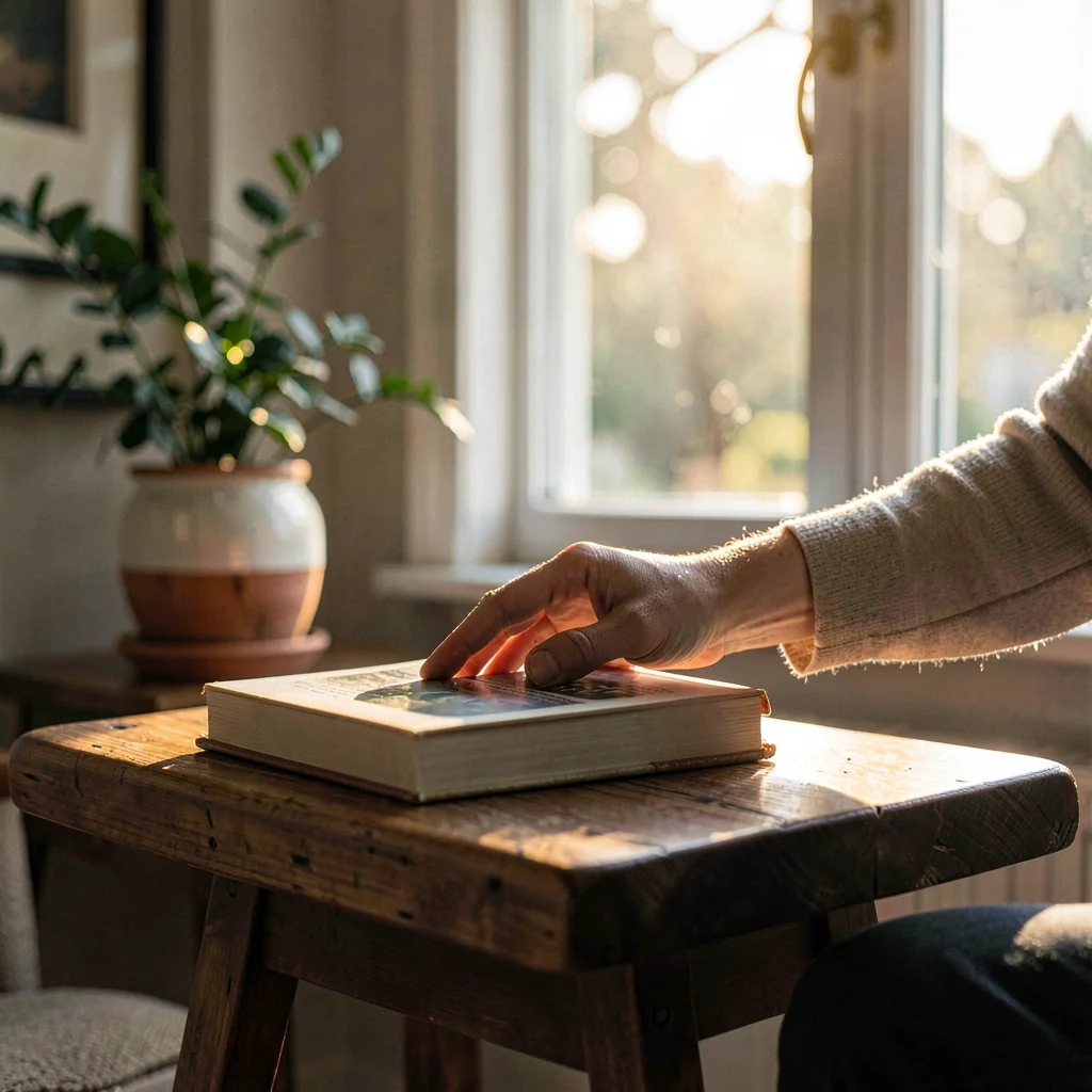 Atmospheric lifestyle of a hand placing a book on a side table, late afternoon w