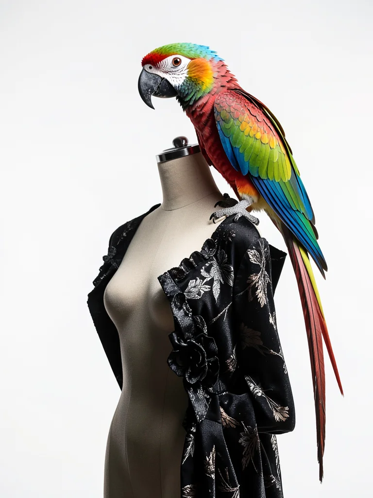 Tropical parrot perched on a mannequin wearing haute couture, studio lighting wi