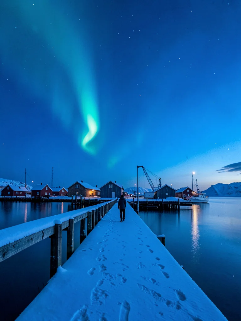 Polar night blue hour in Tromso, Norway, a person walking alone on a snow-covere