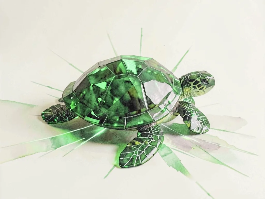 Glassy emerald lowpoly turtle resting with shell facets distinct, green caustics