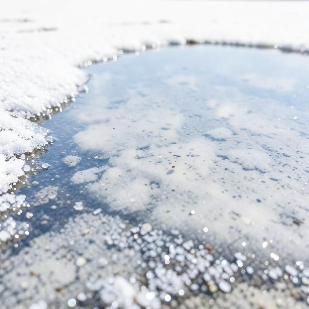 Salt crust close-up — small mineral crystals at the edge of a drying puddle, fri