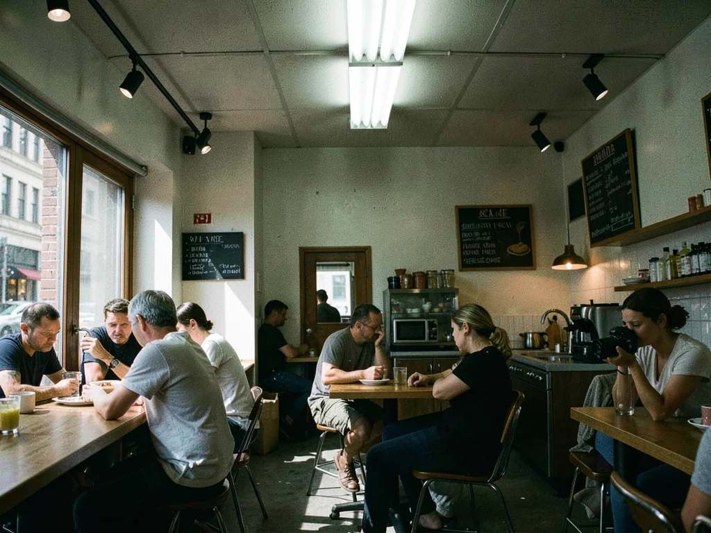 Cafe interior under harsh overhead lighting with shiny foreheads