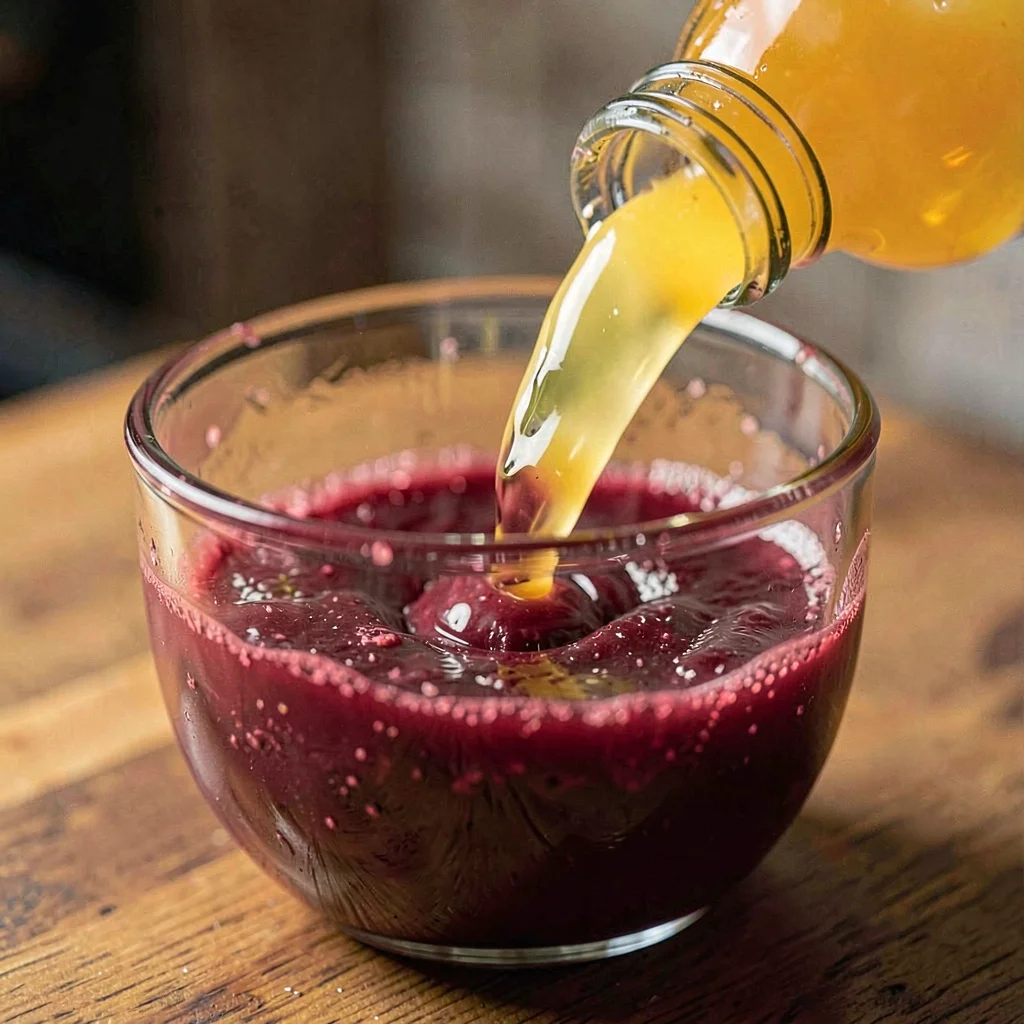 Macro square of beet juice swirling against orange juice in a bottle