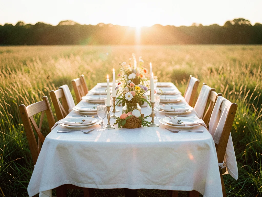 A long farmhouse table set for Easter dinner outdoors in a field of tall grass, 